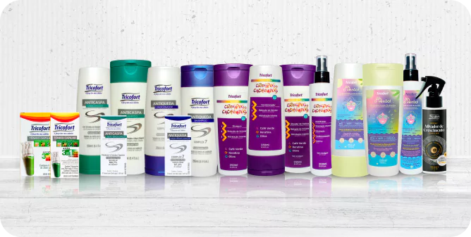 Linha de produtos Tricofort - tratamentos para queda, anticaspa, hidratação, cachos e crescimento capilar